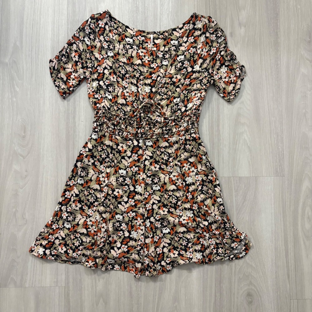 Free People Mini Dress Women Floral Smocked Waist Flutter Sleeve Black Orange 6